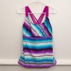 ZeroXposur Strappy Back Tankini Swim Top Large Purple Blue Stripe Support